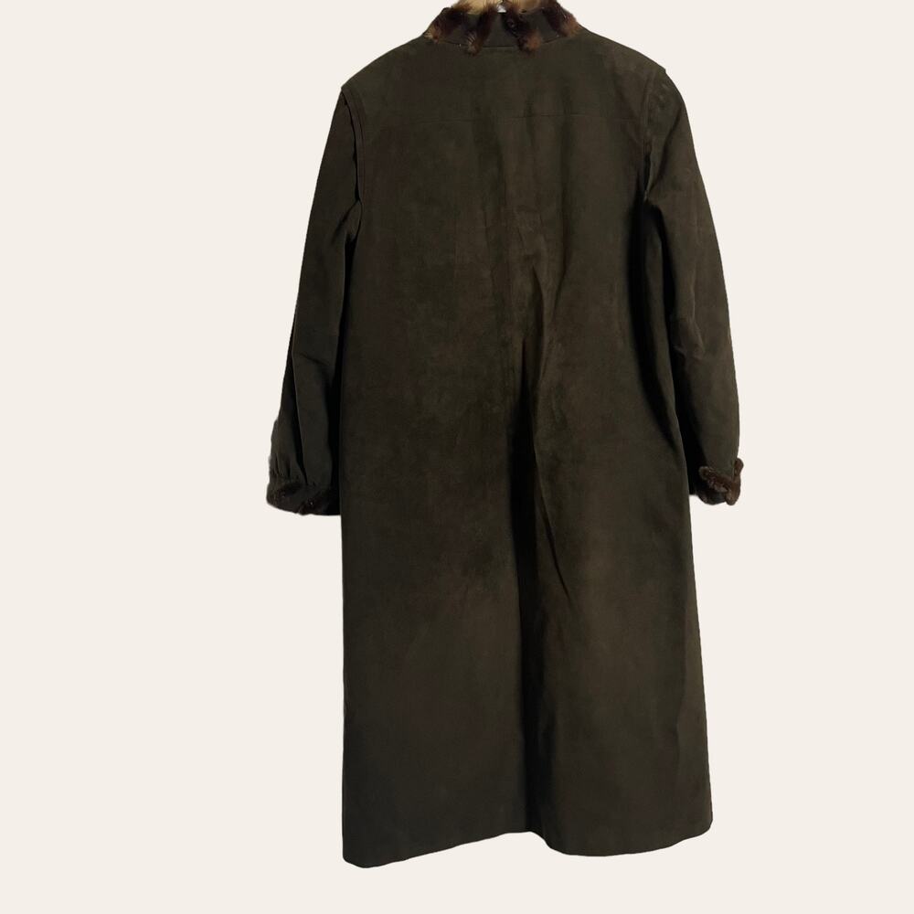 Vintage Oberstoff Brown Faux Suede Faux Fur Trim Long Coat Women's Size 10 - Picture 6 of 12